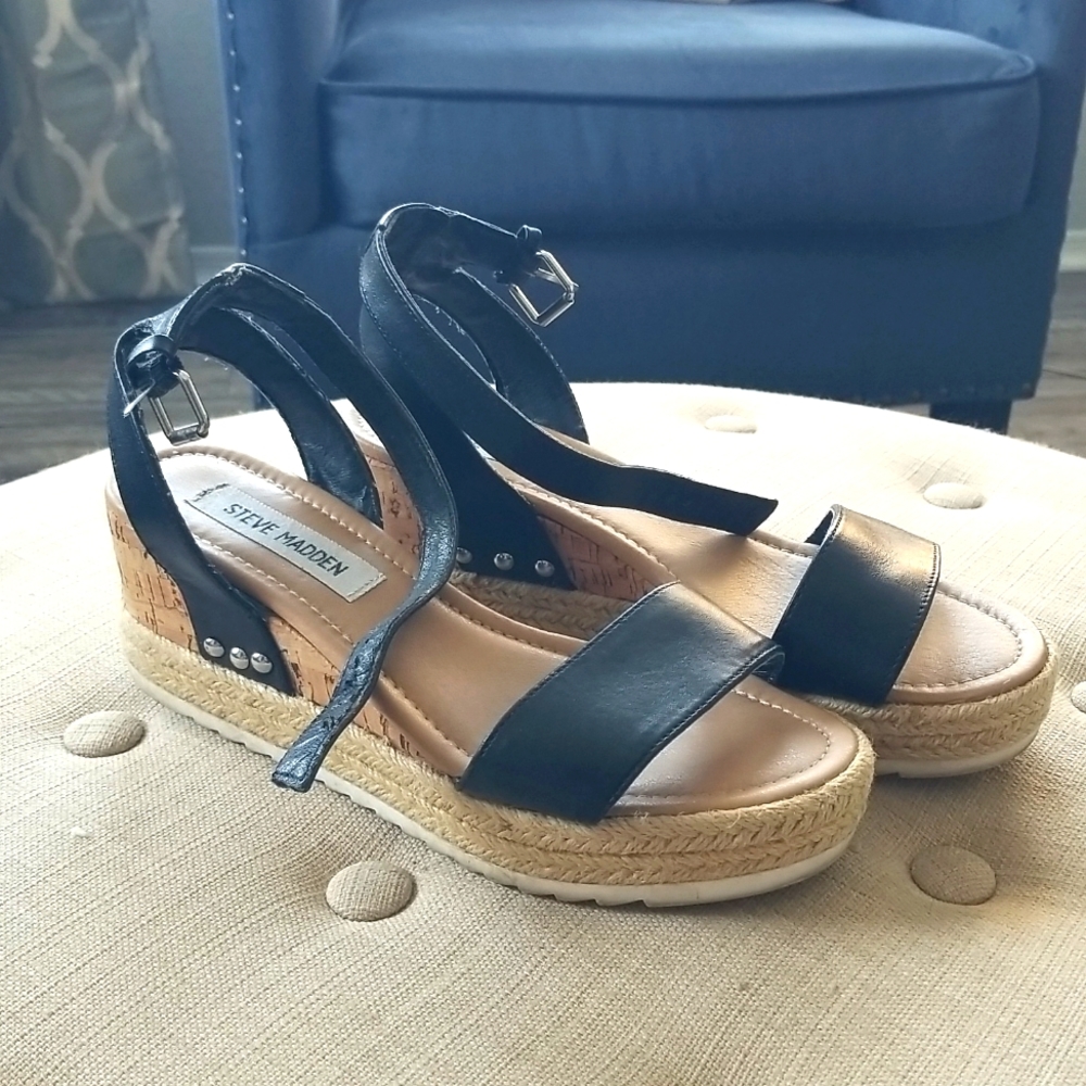 STEVE MADDEN Jaide Black Strap Cork/Espadrille Wedge Platform Sandal Women's 7.5